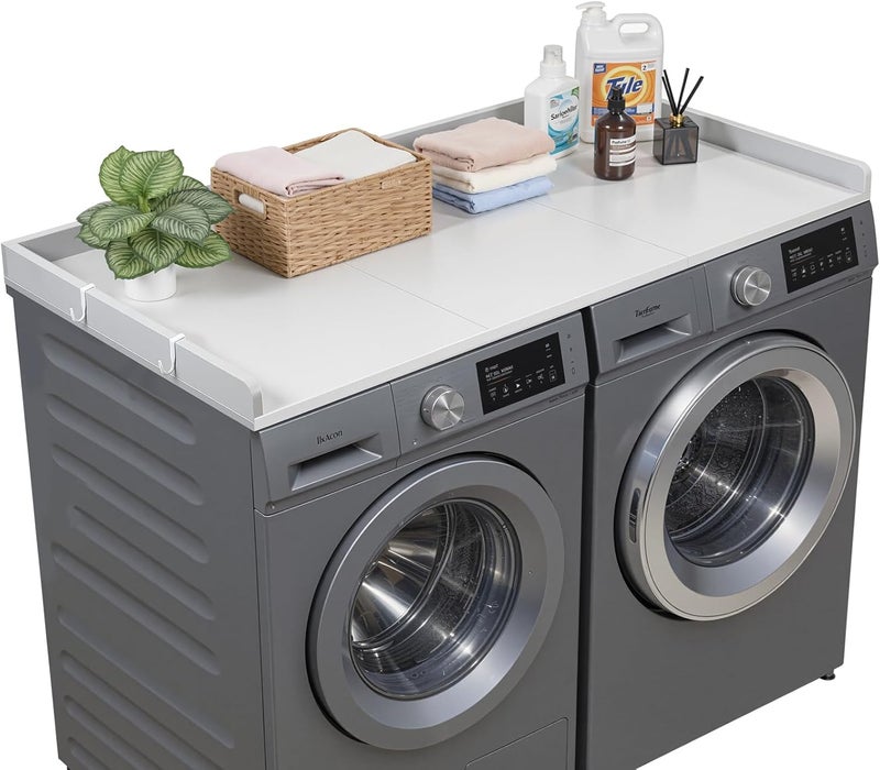 VEVOR Washer Dryer Countertop with 3 Splicing Panels, 54" x 27" Wooden Washer and Dryer Countertop with 2 Hooks, Water-Resistant Laundry Topper for Laundry Room Organization and Storage, Gray - Image 1