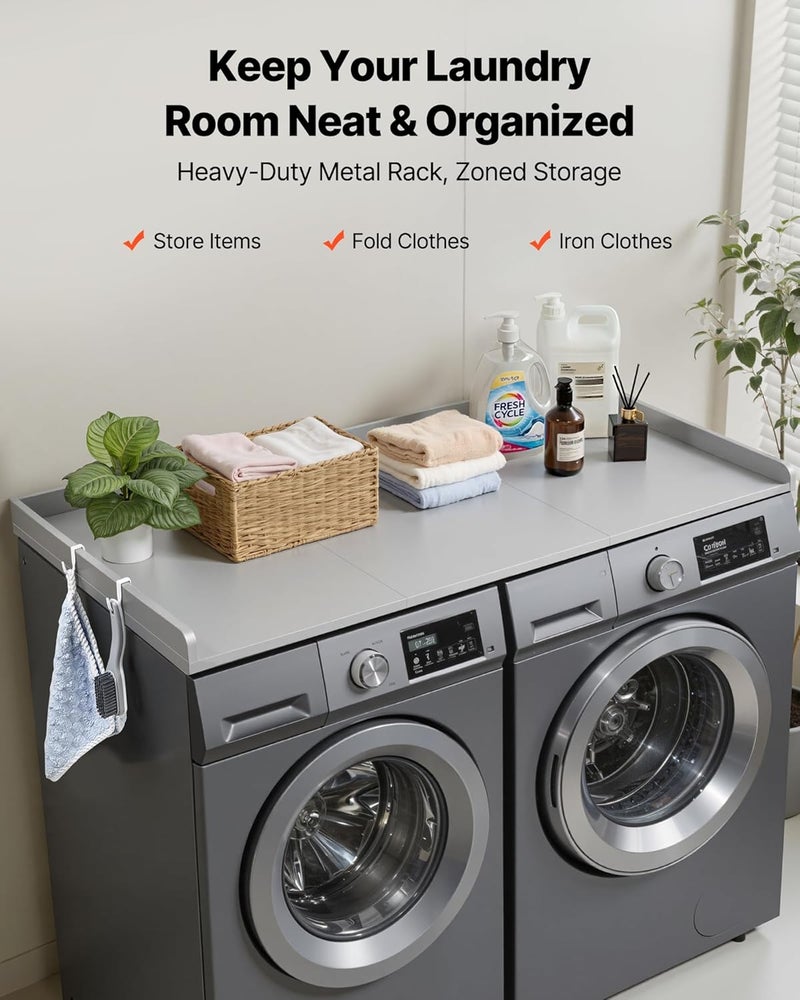VEVOR Washer Dryer Countertop with 3 Splicing Panels, 54" x 27" Wooden Washer and Dryer Countertop with 2 Hooks, Water-Resistant Laundry Topper for Laundry Room Organization and Storage, Gray - Image 2