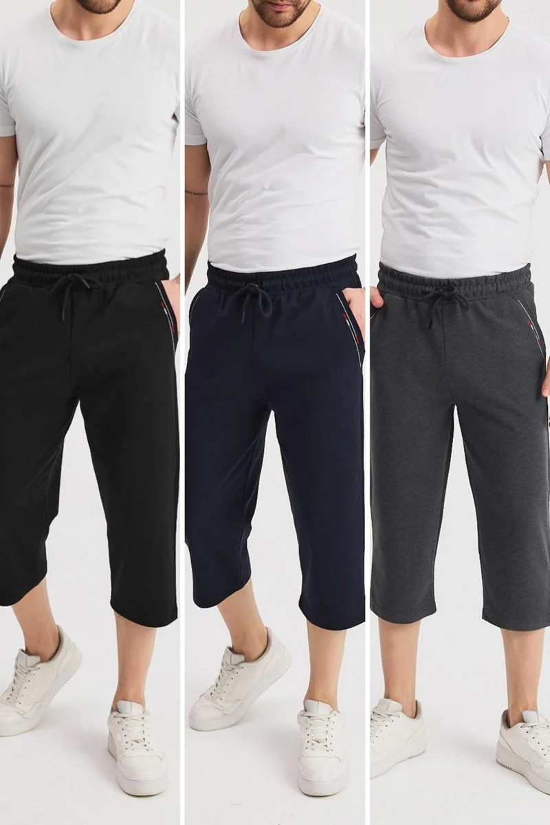mmetalic Men's Side Pocket Black-Navy-Anthracite Bermuda Below Knee Capri Adjustable Elastic Waist 3-Pack Long Shorts