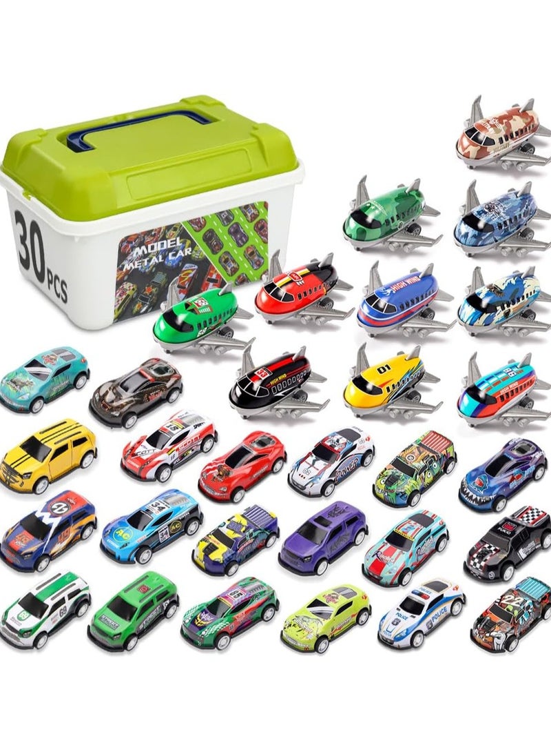 30 Pcs Pull Back Toy Cars Airplanes with Storage Box, Alloy Mini Race Push and Pull Back Cars Planes Vehicles Toys for Kids, Party Favors Toy Cars Suitable for 3+ Years Old Kids - Image 1