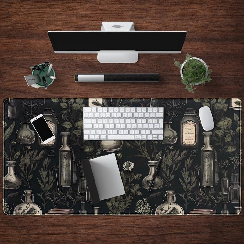 Mechanical Cattle Black Aesthetic Desk Mat Black Vintage Desk Pad Large Gaming Flower Mouse Pad XXL Plant Wildflower Mousepad Extended Laptop Computer Mouse Keyboard Mat for Women Girl Office Desk Decor 31.5x15.8 in - Image 4
