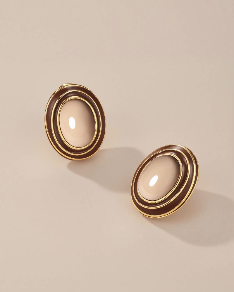 SNGIA Large Chunky Brown Beige Tan 18K gold plated Round Oval Button Stud Enamel Statement Earrings for Women by SNGIA, Big Brown Bold Handmade Exaggerated Dome Retro Rounded Button Ball Trendy Bohemian Jewelry Gifts, Unique Baroque Vintage Summer Beach Fashion Earrings Accessories, Round Thick Resin Circular Nickle Free Huggies Earrings. - Image 3