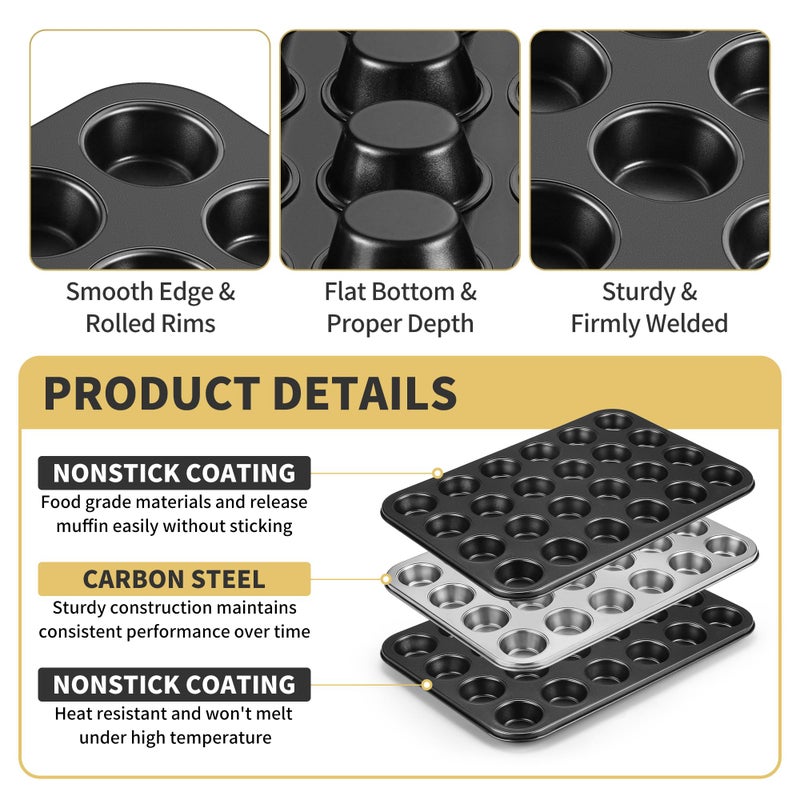 TeamFar Mini Muffin Pan, 24-Cup Non-Stick Carbon Steel Cupcake Tray Tin for Baking, Small Cup Cake Bakeware for Bite-Sized Cheesecake Tart Quiches, Even Baking & Effortless Release & Easy Clean - Image 3