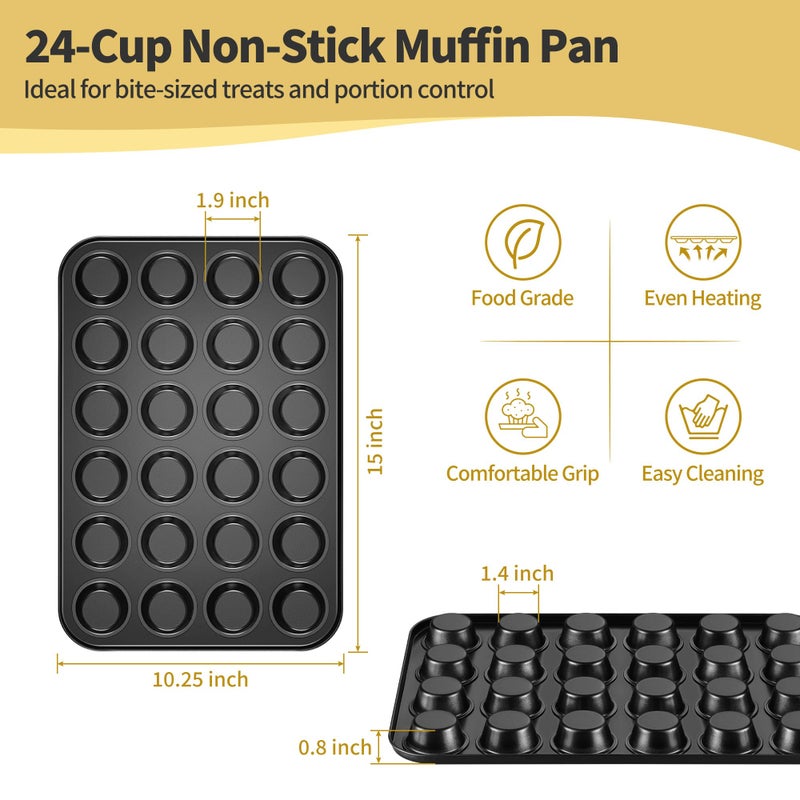 TeamFar Mini Muffin Pan, 24-Cup Non-Stick Carbon Steel Cupcake Tray Tin for Baking, Small Cup Cake Bakeware for Bite-Sized Cheesecake Tart Quiches, Even Baking & Effortless Release & Easy Clean - Image 2
