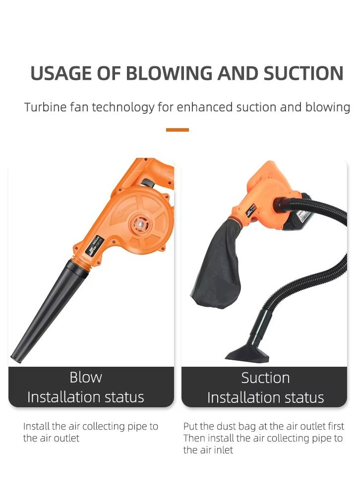21V Variable Speed Electric Leaf Blower, With Collection Bag, For Home And Garden, with 1 Lithium Batteries and Charger,Multi-function Electric Leaf Blower，Orange/Black
