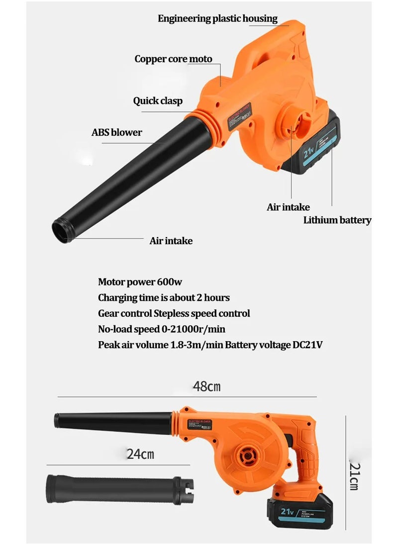 21V Variable Speed Electric Leaf Blower, With Collection Bag, For Home And Garden, with 1 Lithium Batteries and Charger,Multi-function Electric Leaf Blower，Orange/Black