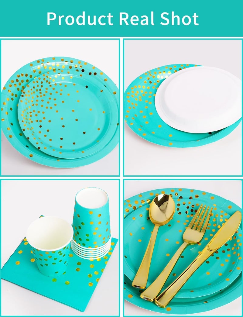 Nkaiso 141 Pieces Blue Green and gold Party Supplies  Party Dinnerware Sets Include Paper Plates Napkins Cups Silverware  for Wedding Bridal Shower Engagement Birthday Parties Decoration -20 Serves - Image 1