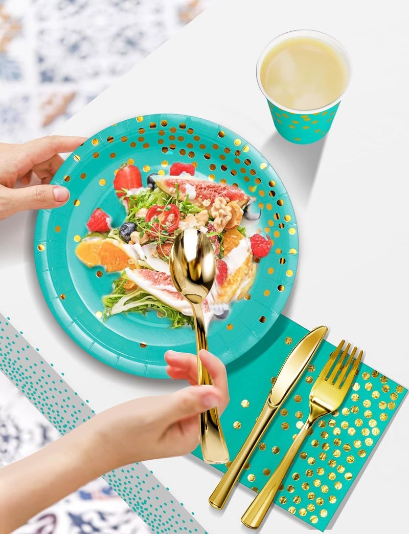 Nkaiso 141 Pieces Blue Green and gold Party Supplies  Party Dinnerware Sets Include Paper Plates Napkins Cups Silverware  for Wedding Bridal Shower Engagement Birthday Parties Decoration -20 Serves - Image 3
