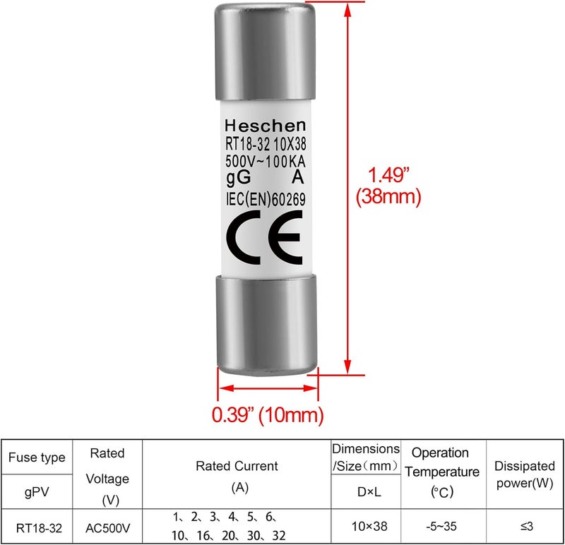 Heschen Cylindrical Ceramic Tube Fuse Link, RT18-32 (RO15), 10 * 38 mm, 2A 500V, CE, Pack of 10 - Image 2