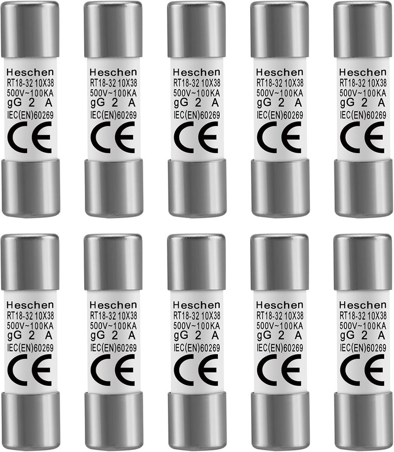 Heschen Cylindrical Ceramic Tube Fuse Link, RT18-32 (RO15), 10 * 38 mm, 2A 500V, CE, Pack of 10 - Image 1