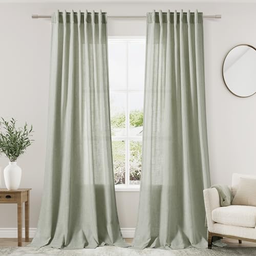 Nanspring Sage Green Curtains 84 Inch Length 2 Panels Back Tab Rod Pocket Light Filtering Semi Sheer Drapes Linen Cotton Textured Airy Farmhouse Living Room Decor Light Green Curtains for Bedroom - Image 1