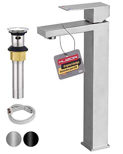 KUZOR Tall Vessel Sink Faucet, Single Hole Bathroom Faucet with Pop-Up Drain, 304 Stainless Steel Brushed Nickel for Modern Bath/Vanity - Image 1