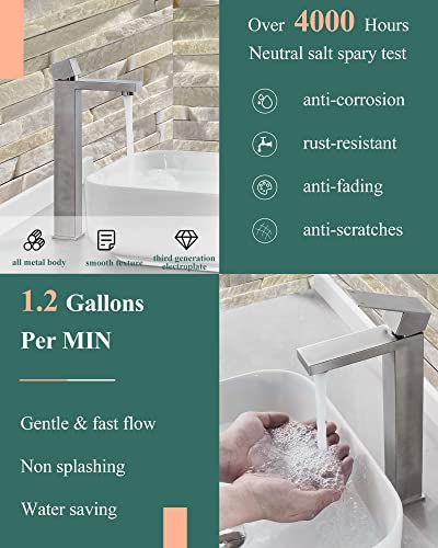 KUZOR Tall Vessel Sink Faucet, Single Hole Bathroom Faucet with Pop-Up Drain, 304 Stainless Steel Brushed Nickel for Modern Bath/Vanity - Image 3