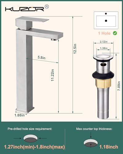 KUZOR Tall Vessel Sink Faucet, Single Hole Bathroom Faucet with Pop-Up Drain, 304 Stainless Steel Brushed Nickel for Modern Bath/Vanity - Image 5
