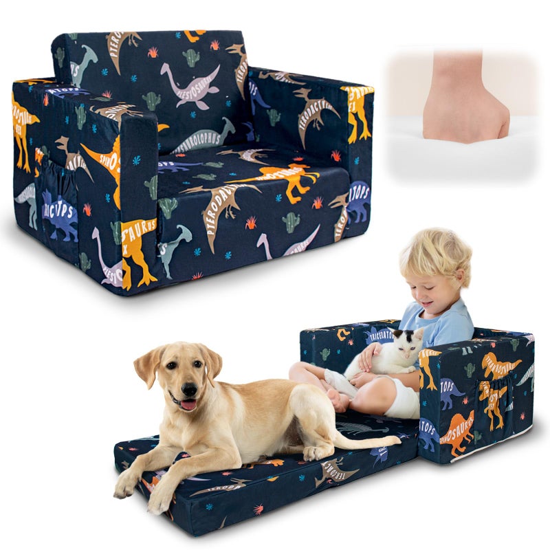 Beavtaens Kids Couch, 2-in-1 Kids Fold Out Couch, Convertible Kid Sofa to Lounger for Girls and Boys, Soft Toddler Chairs Comfy 1-3 Years Old (Dinosaur) - Image 1