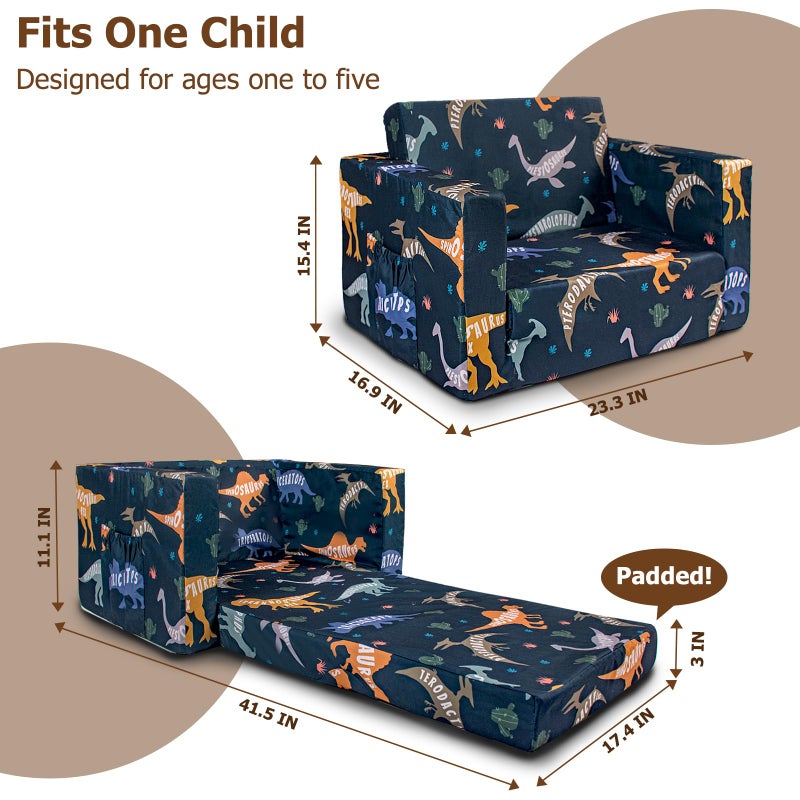Beavtaens Kids Couch, 2-in-1 Kids Fold Out Couch, Convertible Kid Sofa to Lounger for Girls and Boys, Soft Toddler Chairs Comfy 1-3 Years Old (Dinosaur) - Image 4