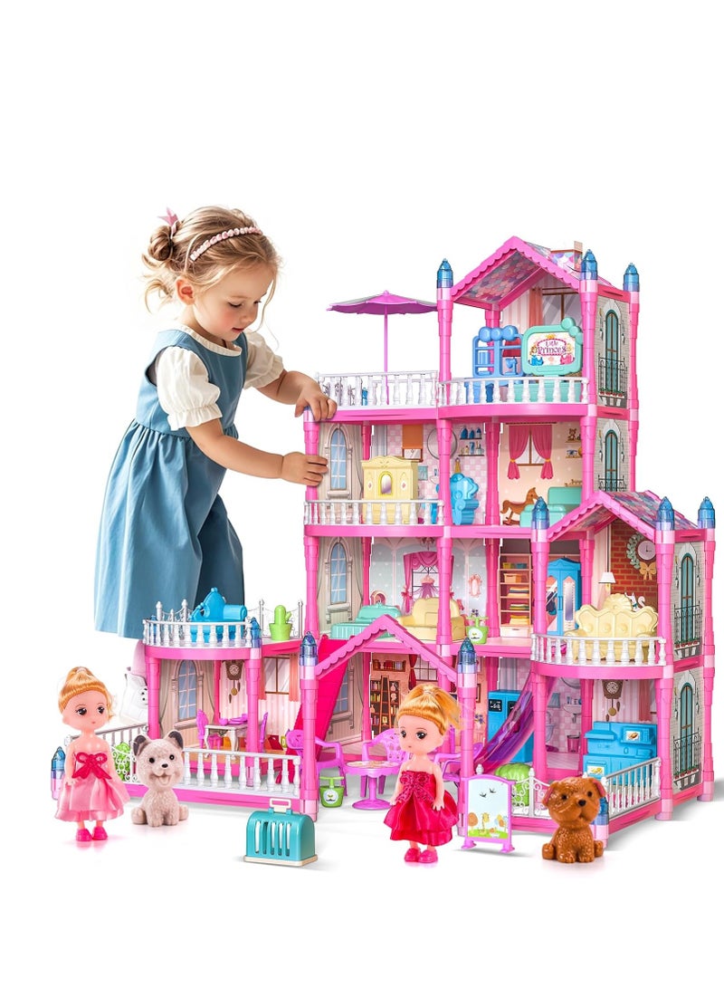 Doll House, 4-Story Dollhouse with Glow in The Dark, Girl Toys Doll House Playset with 2 Dolls, 12 Play Areas, Furniture & Accessories, Princess Gift Toys for Girls Ages 3 4 5 6 7 8 9+, Pink  - Image 1