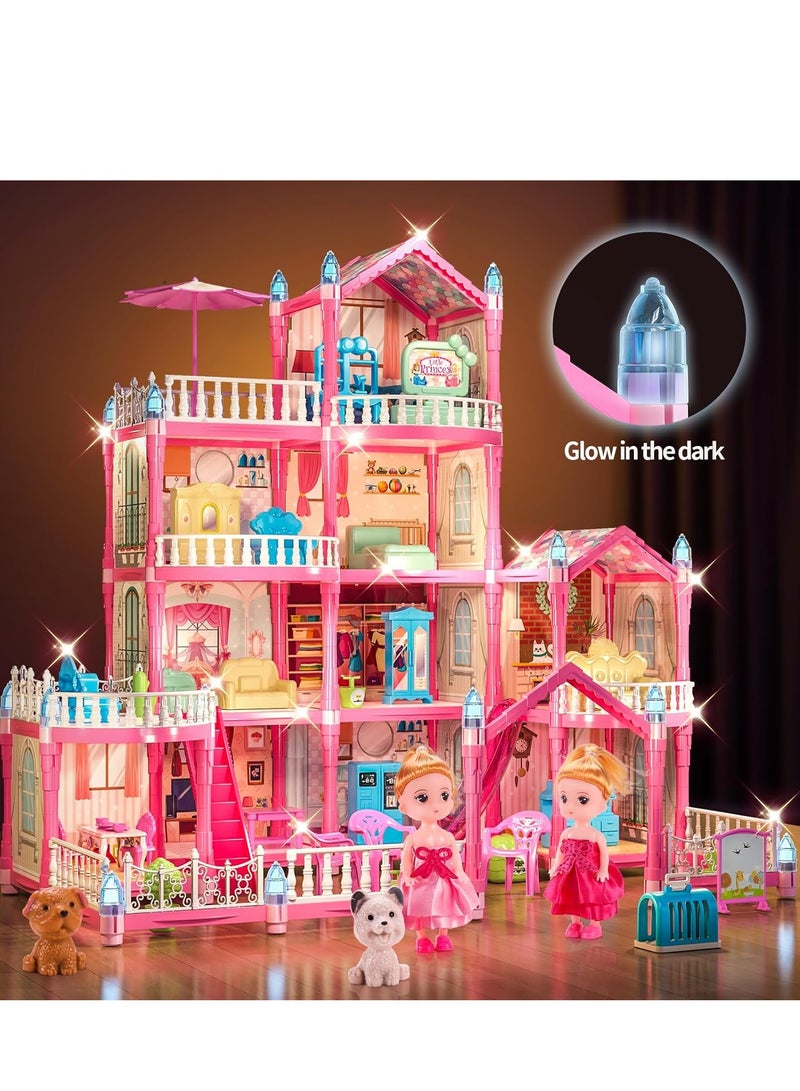 Doll House, 4-Story Dollhouse with Glow in The Dark, Girl Toys Doll House Playset with 2 Dolls, 12 Play Areas, Furniture & Accessories, Princess Gift Toys for Girls Ages 3 4 5 6 7 8 9+, Pink  - Image 2