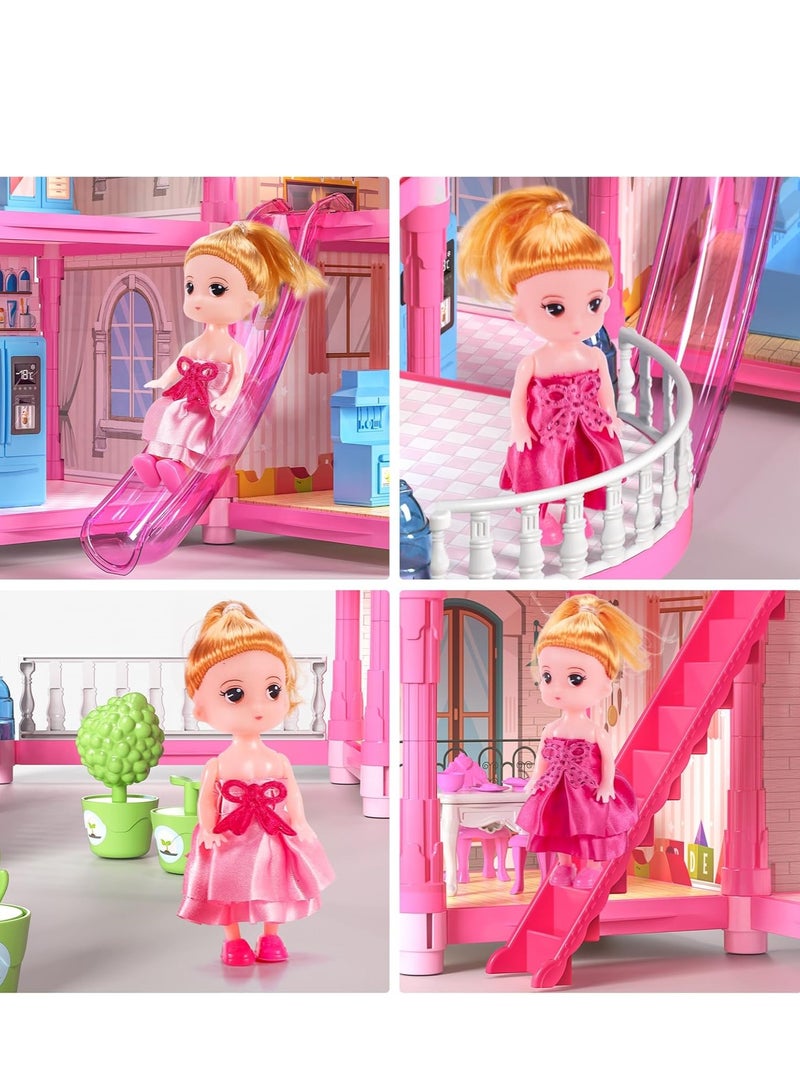 Doll House, 4-Story Dollhouse with Glow in The Dark, Girl Toys Doll House Playset with 2 Dolls, 12 Play Areas, Furniture & Accessories, Princess Gift Toys for Girls Ages 3 4 5 6 7 8 9+, Pink  - Image 3