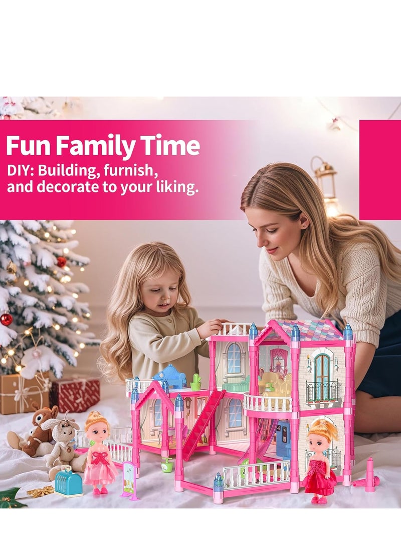 Doll House, 4-Story Dollhouse with Glow in The Dark, Girl Toys Doll House Playset with 2 Dolls, 12 Play Areas, Furniture & Accessories, Princess Gift Toys for Girls Ages 3 4 5 6 7 8 9+, Pink  - Image 4