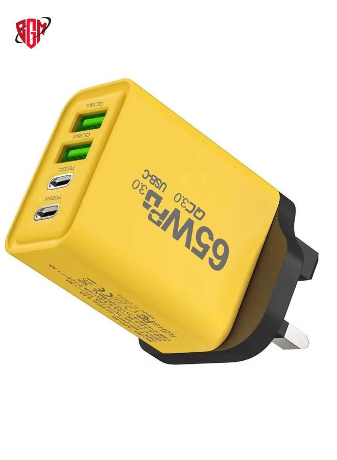 65W Type C Charger,Super Fast GaN Wall Charger with 2 PD USB C 2 QC USB A Laptop Charger,4-Port Compact Foldable UK Plug Adaptor for MacBook Air Samsung iPhone iPad Galaxy Huawei Xiaomi and More