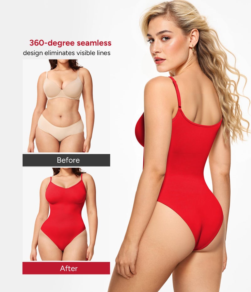 Nebility Red Bodysuit for Women Tummy Control Shapewear Body Suits V Neck Seamless Body Shaper - Image 3