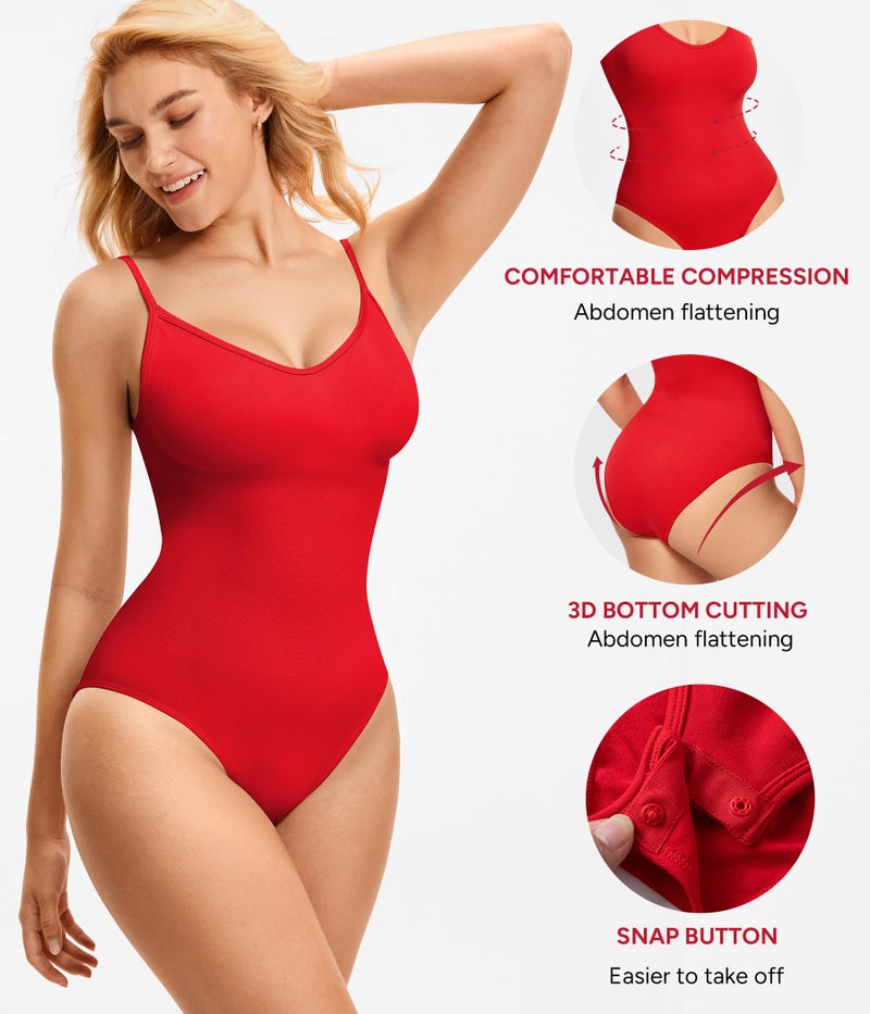 Nebility Red Bodysuit for Women Tummy Control Shapewear Body Suits V Neck Seamless Body Shaper - Image 2
