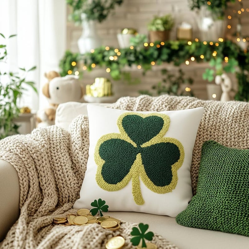 GEEORY St. Patrick's Day Decorations Pillow Covers - 18x18 Cotton Embroidered Shamrock Farmhouse Cushion Case for Sofa & Bed GX014-1-18 - Image 3