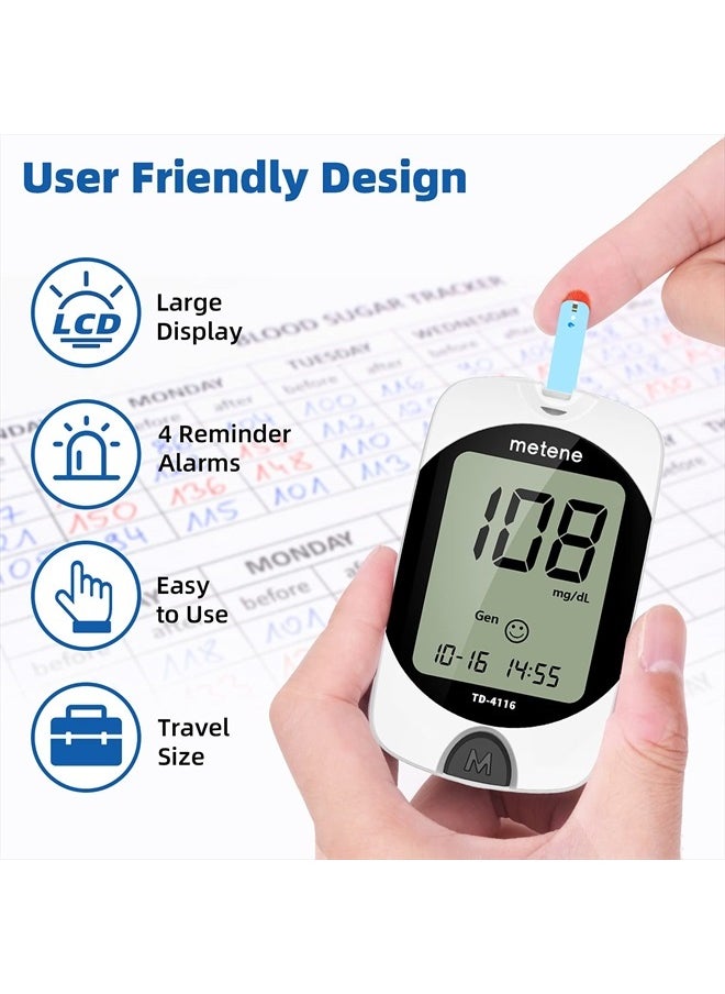 Metene - TD-4116 Blood Glucose Monitor Kit, 100 Glucometer Strips, 100 Lancets, 1 Blood Sugar Monitor, Blood Sugar Test Kit with Control Solution, Lancing Device, No Coding, Large Display - Image 1