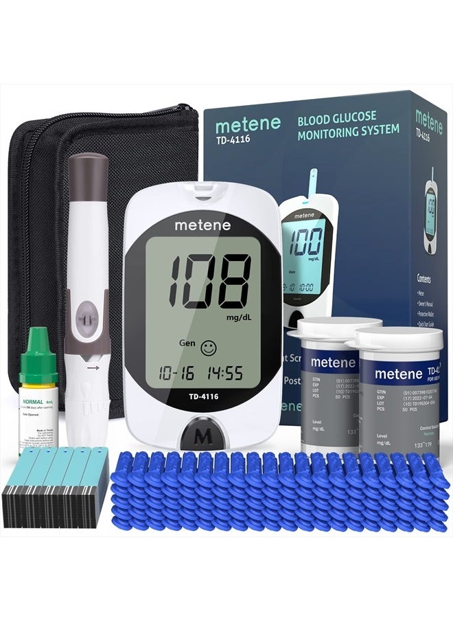 Metene - TD-4116 Blood Glucose Monitor Kit, 100 Glucometer Strips, 100 Lancets, 1 Blood Sugar Monitor, Blood Sugar Test Kit with Control Solution, Lancing Device, No Coding, Large Display - Image 1