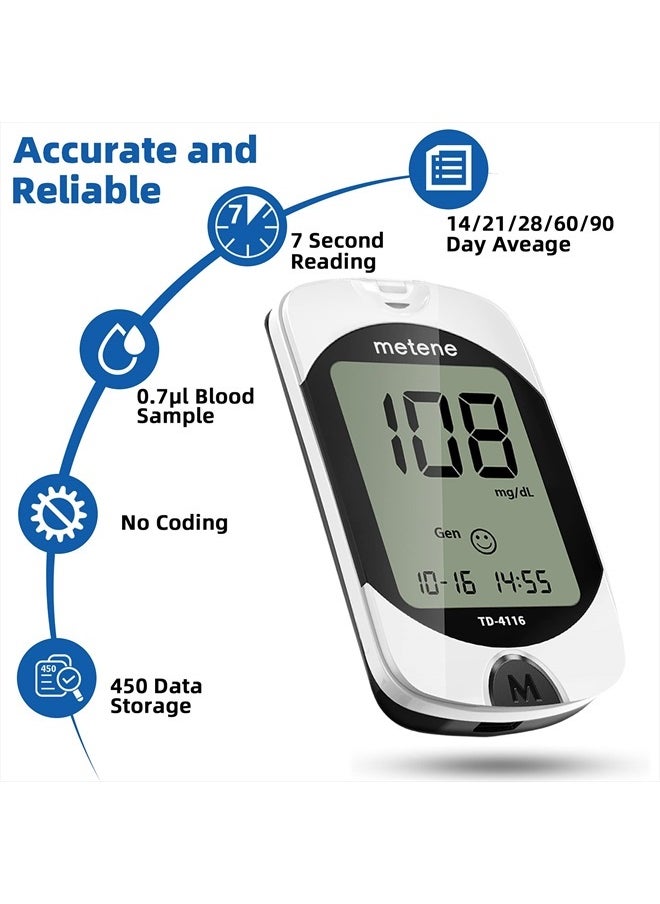 Metene - TD-4116 Blood Glucose Monitor Kit, 100 Glucometer Strips, 100 Lancets, 1 Blood Sugar Monitor, Blood Sugar Test Kit with Control Solution, Lancing Device, No Coding, Large Display - Image 1