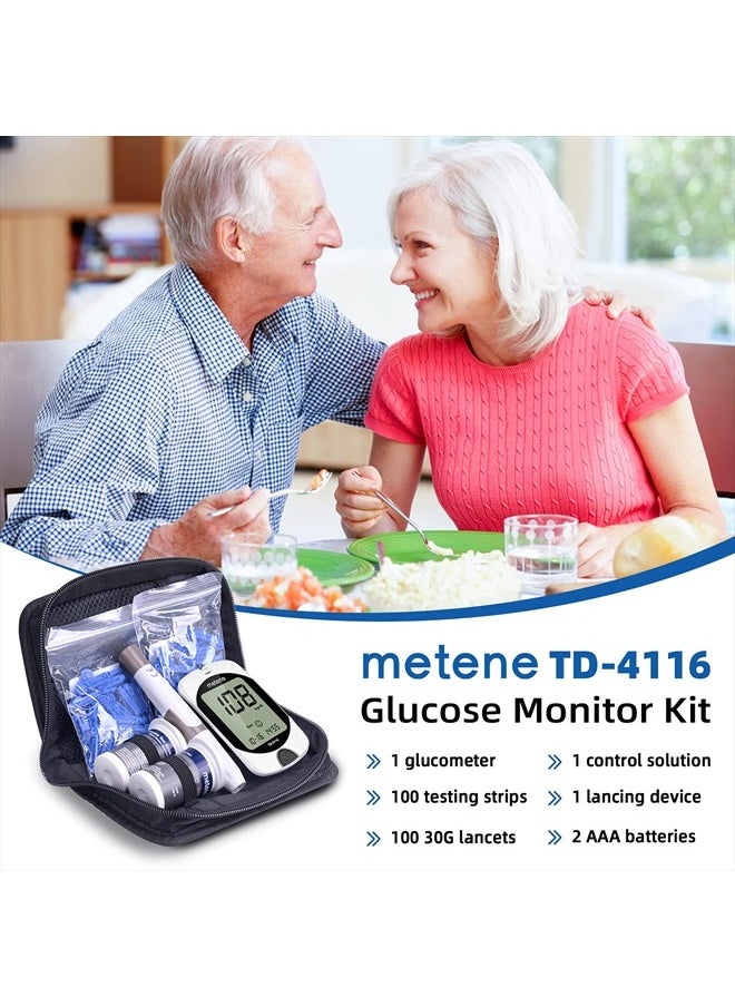 Metene - TD-4116 Blood Glucose Monitor Kit, 100 Glucometer Strips, 100 Lancets, 1 Blood Sugar Monitor, Blood Sugar Test Kit with Control Solution, Lancing Device, No Coding, Large Display - Image 1
