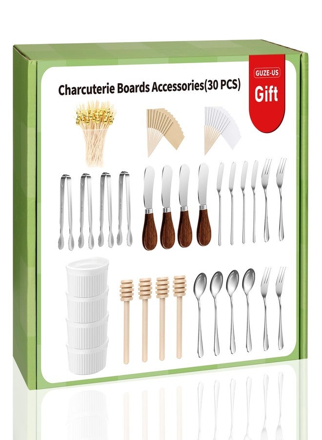 GUZE-US Charcuterie Boards Accessories(30 PCS), Gift Box Packaging, With Ceramic Dip Bowls, Wooden Handle Cheese Spreader Butter Knive Set, Mini Tongs, Spoons, Forks,Honey Dipper, Cocktail Picks - Image 1