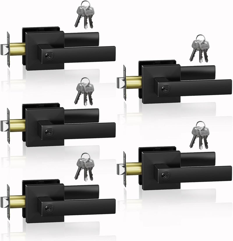 DSJJBLL 5 Pack Matte Black Door Handle Heavy Duty, Different Keys Entry Door Lever, Door Knobs with Lock and Key, Square Door Lever for Bedroom, Bathroom and Front Door - Image 1