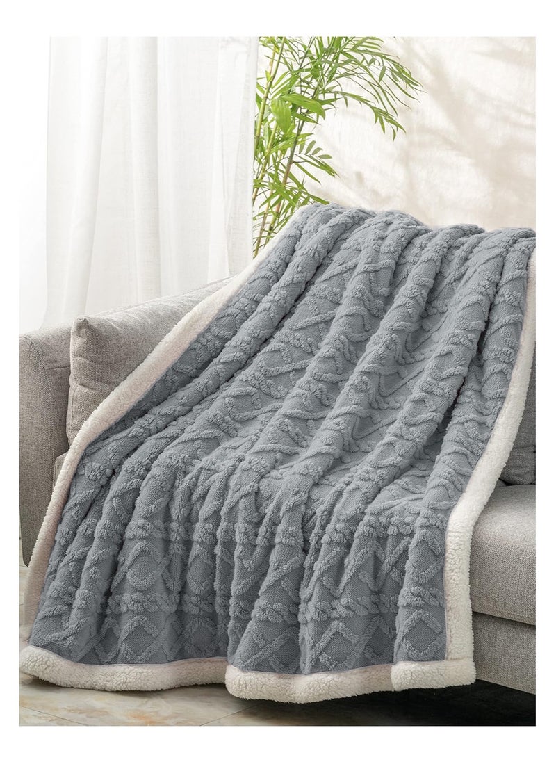 Fabienne Jacquard Sherpa Blanket Super King Size Faux Fur Bed Blanket 220x240cm Flannel Fleece Reversible Blanket Double Size Warm and Plush Throw Blanket Grey  - Image 3