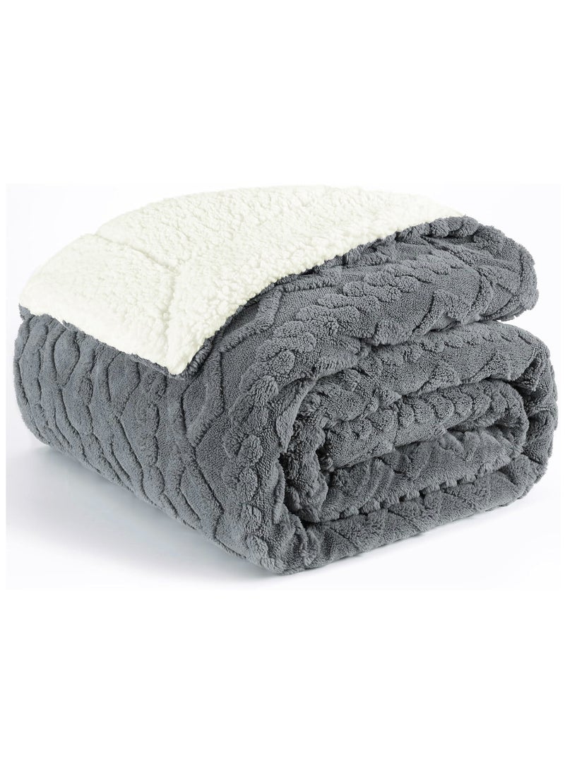 Fabienne Jacquard Sherpa Blanket Super King Size Faux Fur Bed Blanket 220x240cm Flannel Fleece Reversible Blanket Double Size Warm and Plush Throw Blanket Grey  - Image 1