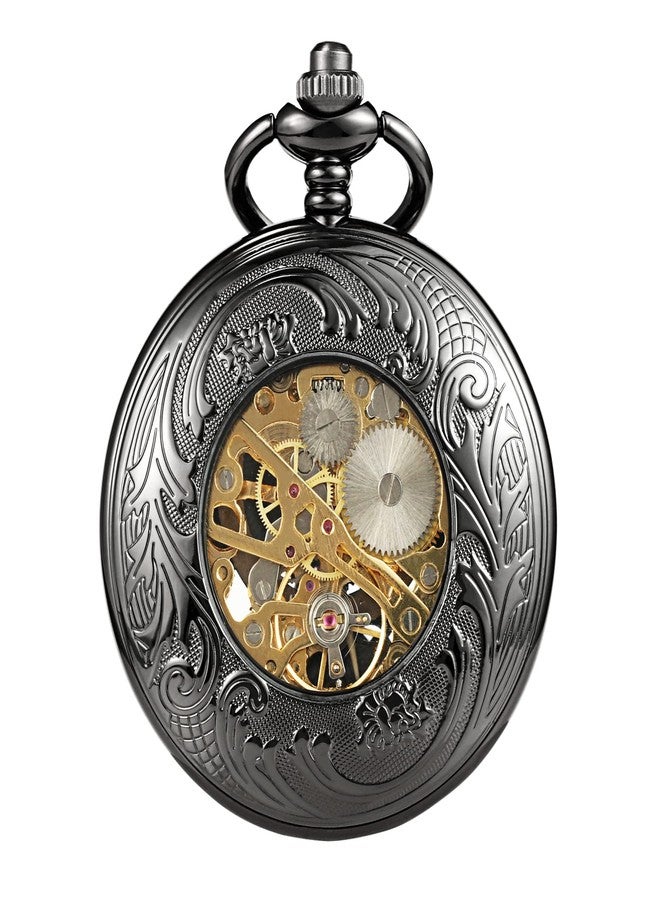 TREEWETO Men's Mechanical Roman Numerals Dial Sun and Moon Skeleton Pocket Watches with Box and Chains for Mens Women Black Bronze Gold Silver, Black - Image 3