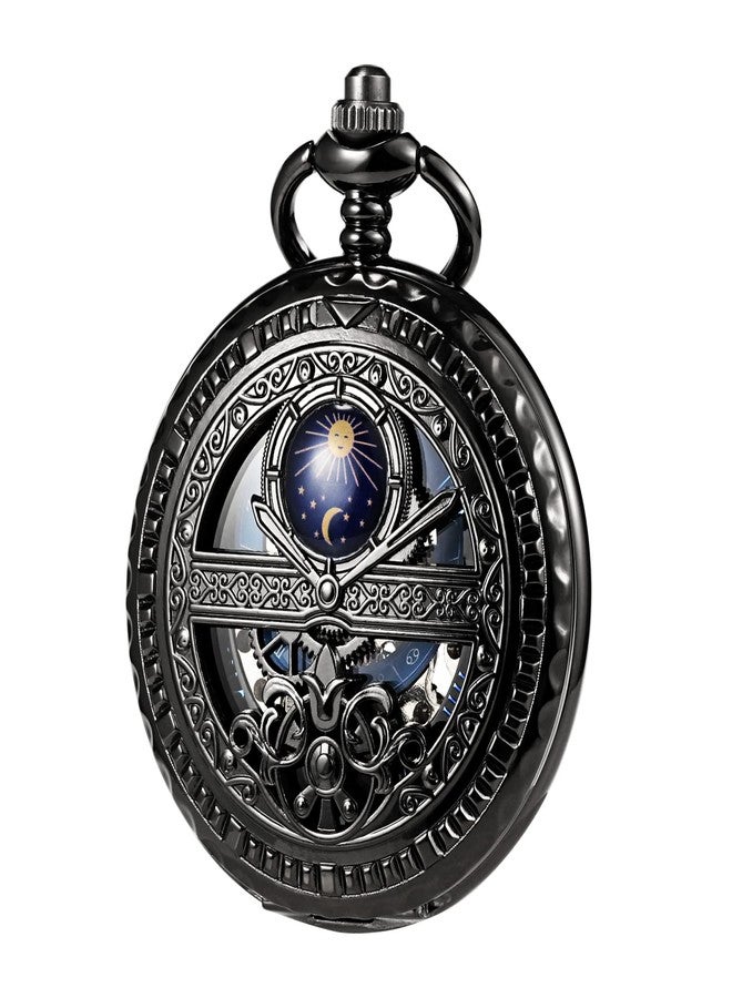TREEWETO Men's Mechanical Roman Numerals Dial Sun and Moon Skeleton Pocket Watches with Box and Chains for Mens Women Black Bronze Gold Silver, Black - Image 1