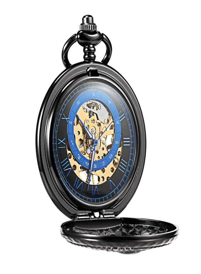 TREEWETO Men's Mechanical Roman Numerals Dial Sun and Moon Skeleton Pocket Watches with Box and Chains for Mens Women Black Bronze Gold Silver, Black - Image 2