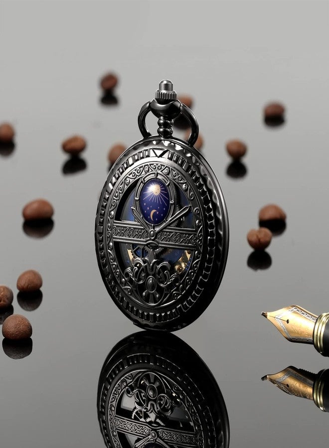 TREEWETO Men's Mechanical Roman Numerals Dial Sun and Moon Skeleton Pocket Watches with Box and Chains for Mens Women Black Bronze Gold Silver, Black - Image 5