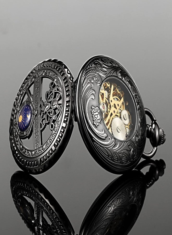 TREEWETO Men's Mechanical Roman Numerals Dial Sun and Moon Skeleton Pocket Watches with Box and Chains for Mens Women Black Bronze Gold Silver, Black - Image 4