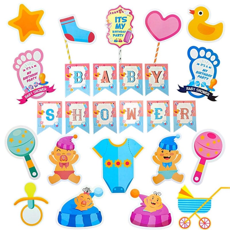 WP WANNA PARTY Wanna Party Baby Shower Combo Decorations Set - 18Pcs | Baby Shower Banner | Baby Shower Cake Topper | Pregnancy Photoshoot Material Items Supplies For Baby Shower Decoration Items - Image 1