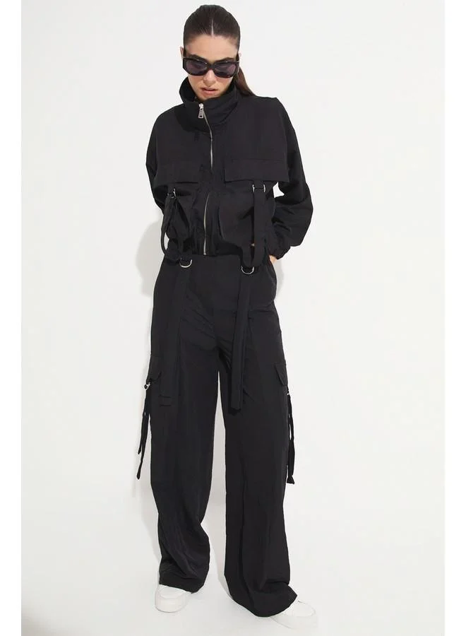 JUNE June Women Pocket Detailed Crop Jacket Trouser Set Black