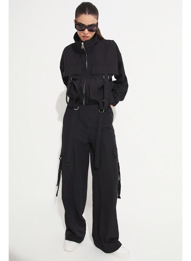 جون طقم بنطلون وجاكيت قصير نسائي بجيب بتفاصيل من جوني - أسود - Image 4