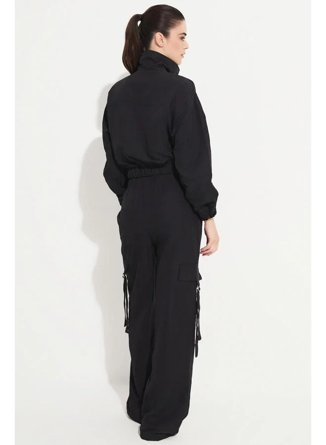 JUNE June Women Pocket Detailed Crop Jacket Trouser Set Black