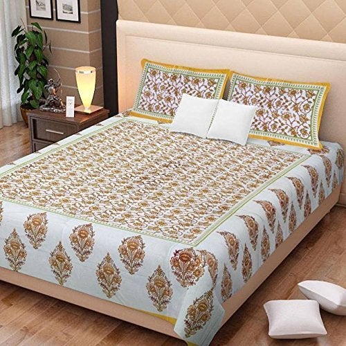 ART WORLD Queen Size Double Bed Sheet with Pillow Covers Pure Cotton Rajasthani Jaipuri Traditional Printed Bedcover (Yellow, Queen) - Image 1