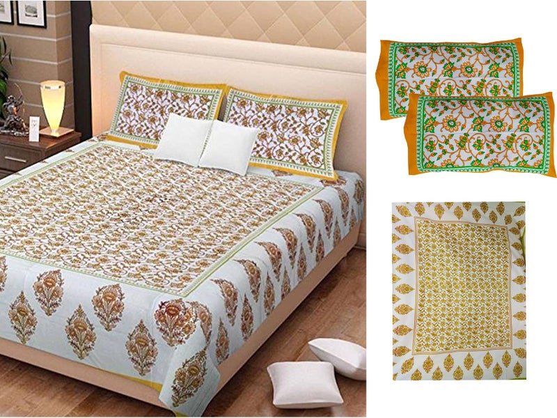ART WORLD Queen Size Double Bed Sheet with Pillow Covers Pure Cotton Rajasthani Jaipuri Traditional Printed Bedcover (Yellow, Queen) - Image 4