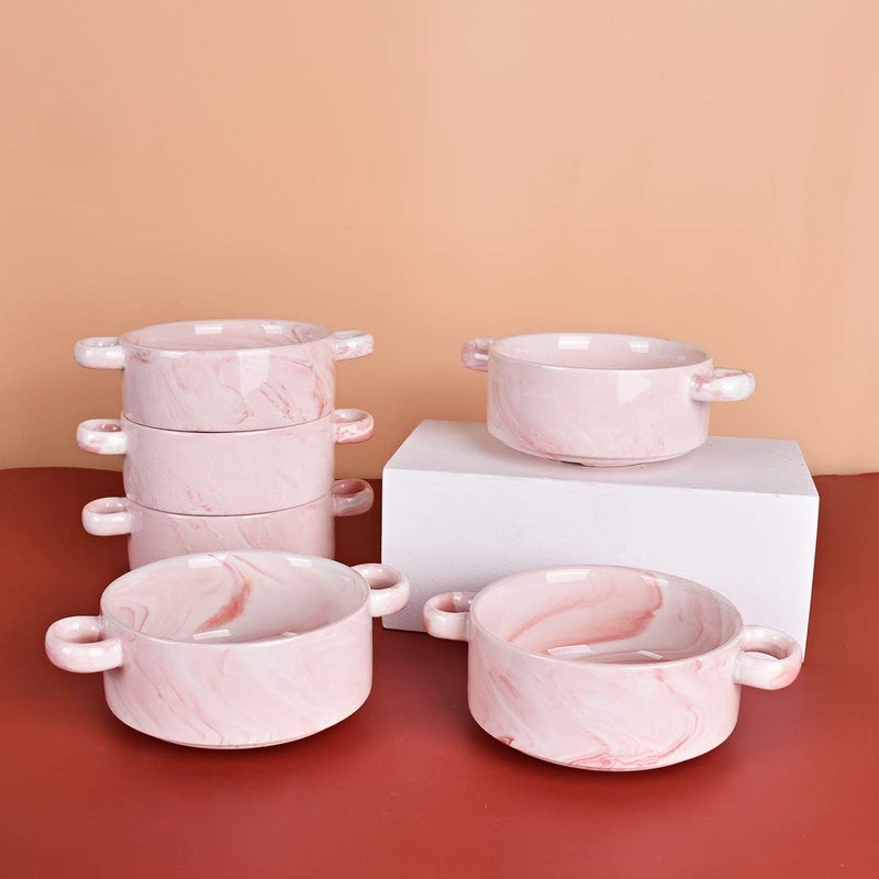 Bosmarlin Ceramic Marbling Souffle Dishes 10 Oz Dould Handle Ramekin for Baking Set of 6 Marbling Pink 10 Oz - Image 5