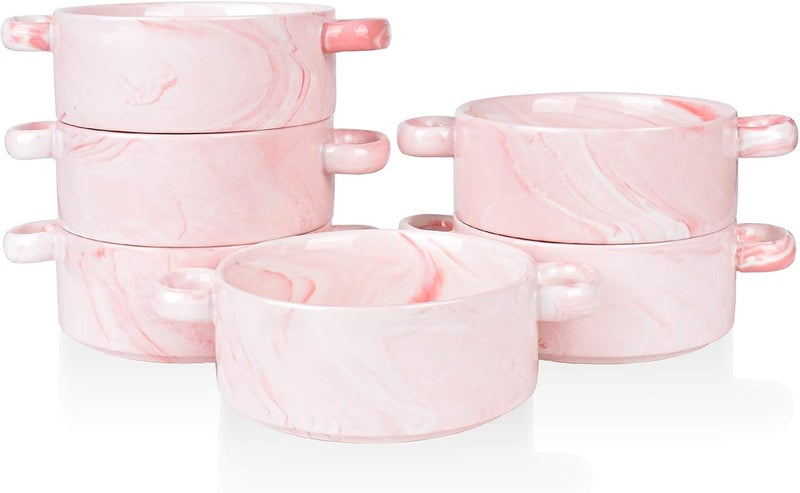 Bosmarlin Ceramic Marbling Souffle Dishes 10 Oz Dould Handle Ramekin for Baking Set of 6 Marbling Pink 10 Oz - Image 1
