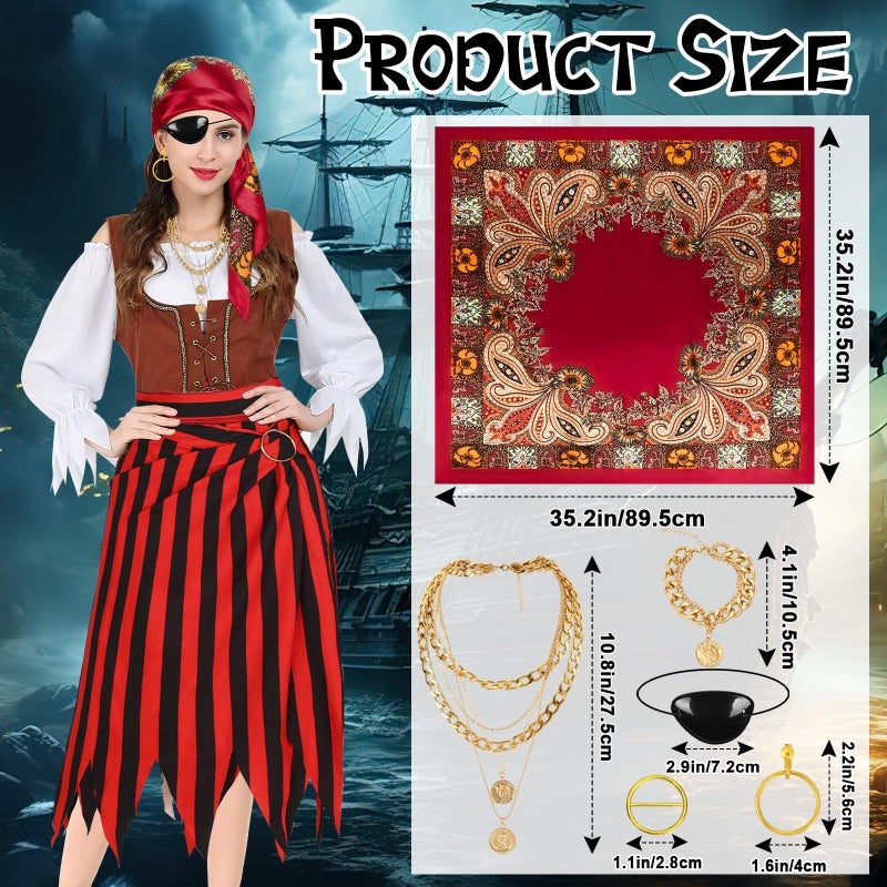DTOFOOT 7 Pieces Pirate Costume Pirate Skirt Costume Women Pirate Open Design Skirt Dress Adults Head Scarf Hat Eye Patch Necklace Earrings Bracelet Belt Pirate Accessories For Halloween Men Women Role Play - Image 3